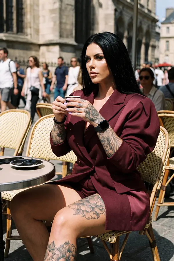 Woman in a burgundy wool blazer dress with peak lapels seated at a cafe terrace table holding an espresso
