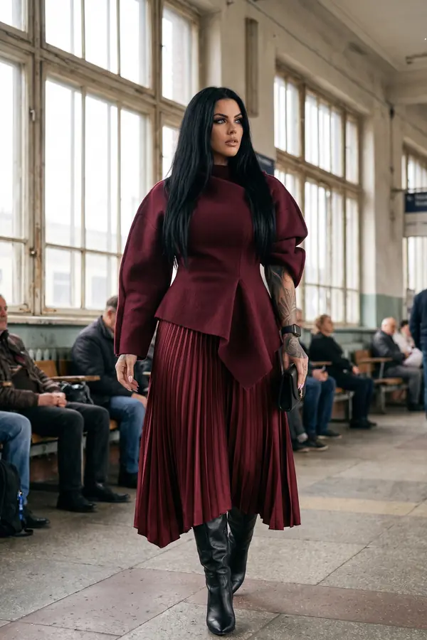 Woman walking through a station concourse in a burgundy wool peplum jacket, pleated satin midi skirt and black knee boots