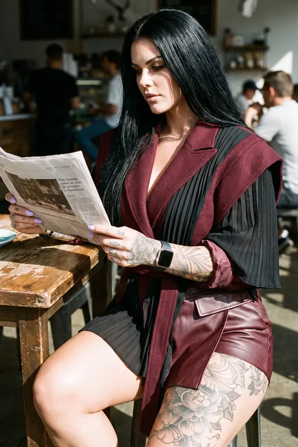 Woman seated in a cafe reading a newspaper in a burgundy wrap blazer with black pleated panels and leather shorts