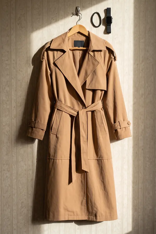 still life: Camel cotton trench coat worn closed and belted