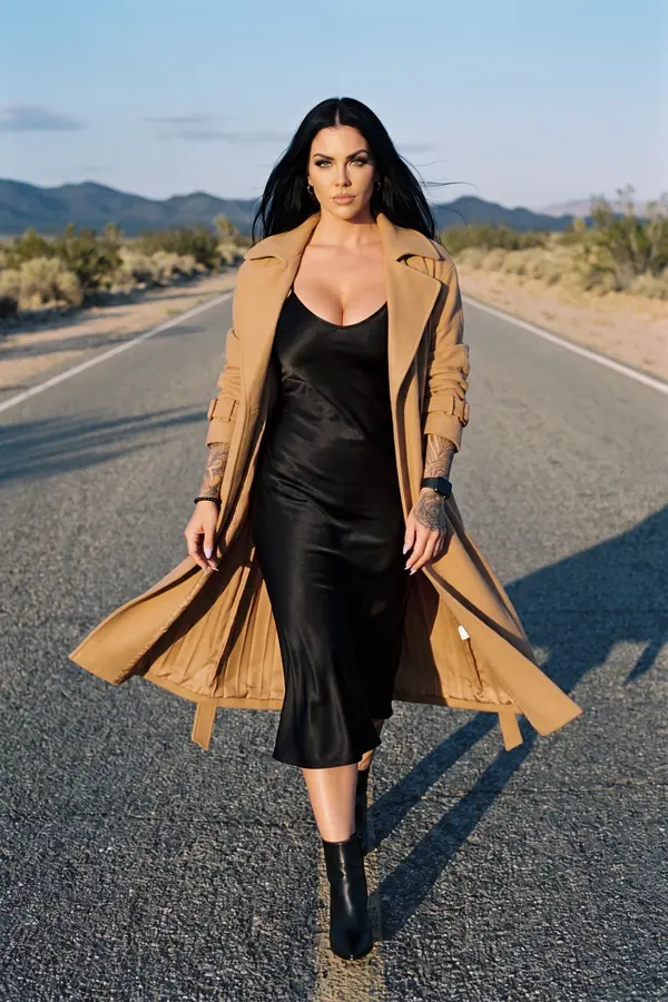 in motion: Camel trench with a pleated back over a black slip dress