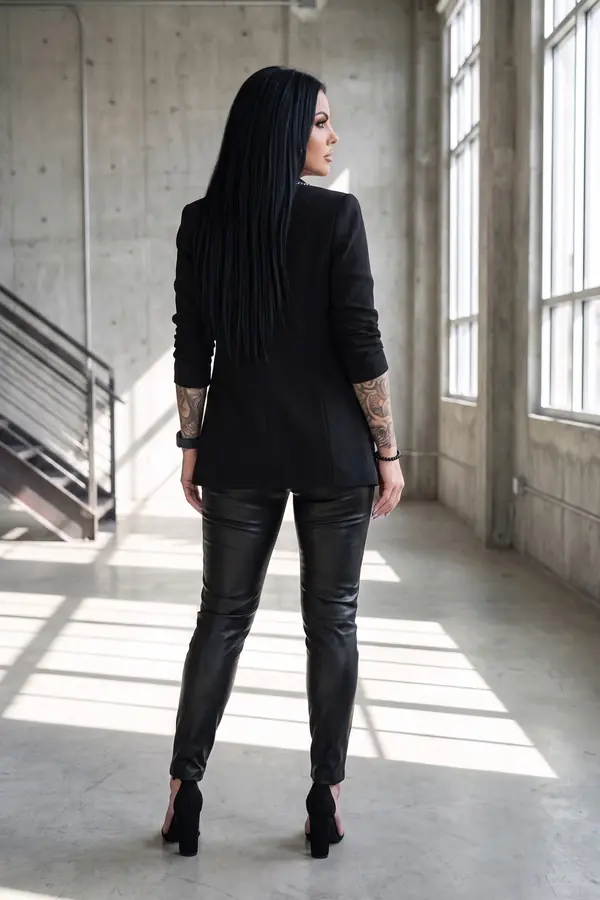back & profile: Chain-trim blazer with satin cami and leather trousers
