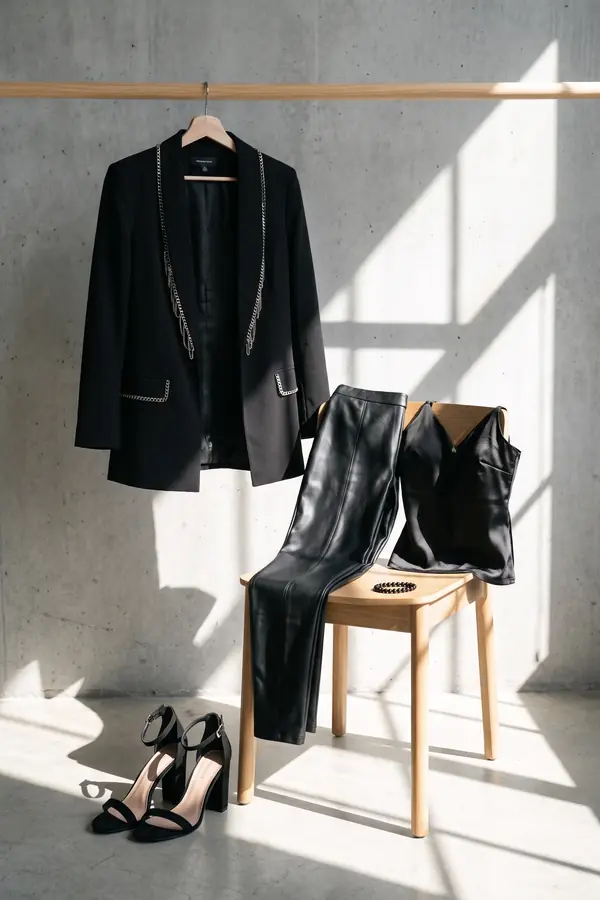 still life: Chain-trim blazer with satin cami and leather trousers