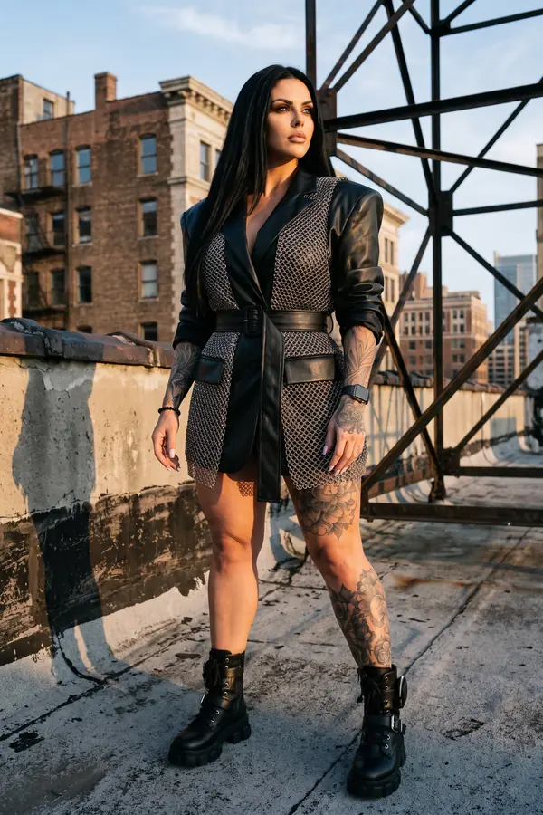 Woman in a black leather and silver chainmail blazer dress with a wide belt and combat boots on a city rooftop