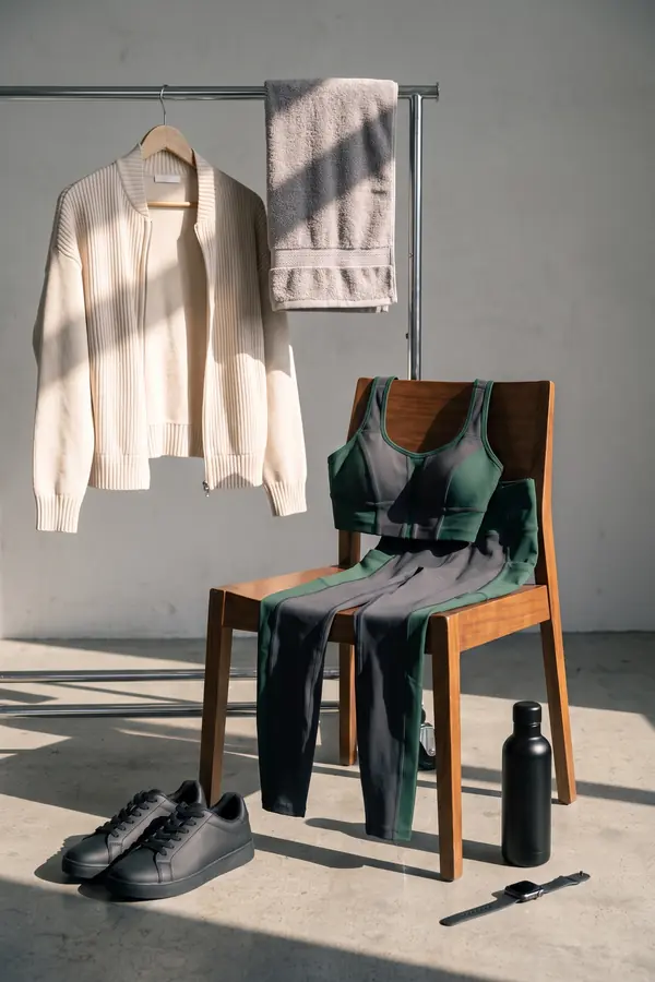 still life: Charcoal and green colour-block set with a cream cardigan