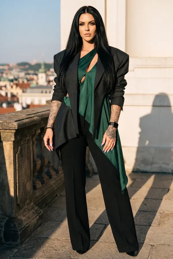 Woman in a charcoal handkerchief-hem blazer over an emerald satin one-shoulder top and black trousers on a stone terrace