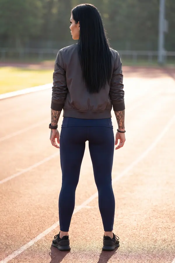 back & profile: Charcoal bomber over a navy fitted top and seamed leggings