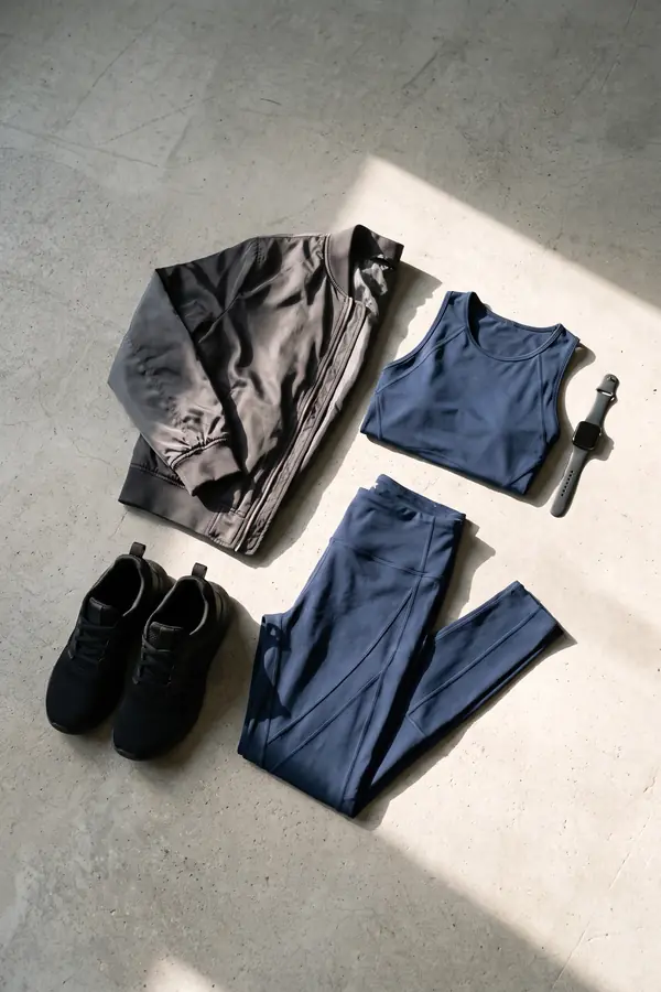still life: Charcoal bomber over a navy fitted top and seamed leggings