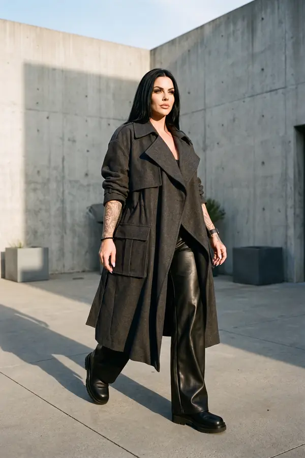 Woman walking through a concrete courtyard in an oversized charcoal wool trench coat, black leather trousers and chunky boots