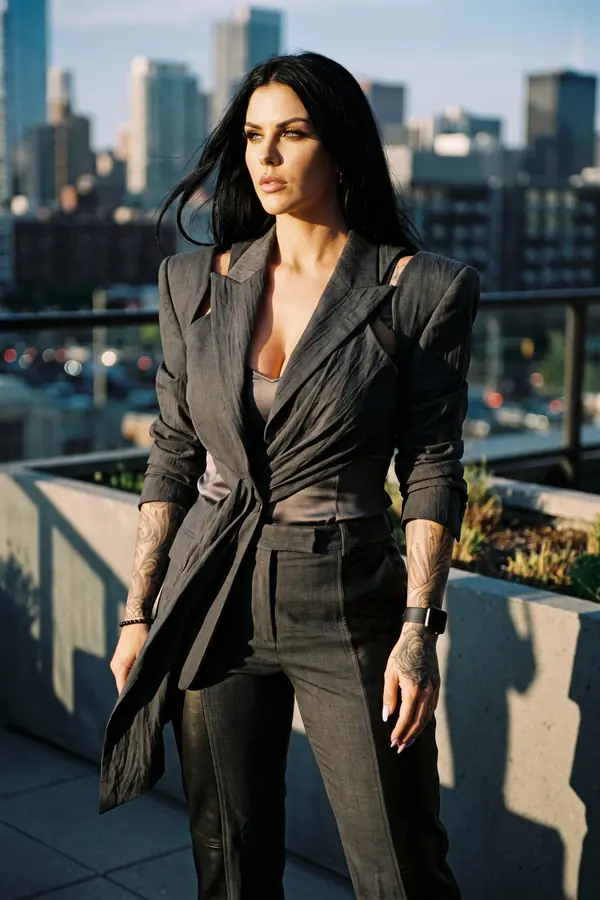 Woman in a charcoal cut-out blazer with a draped sash and leather-panelled trousers on a rooftop above a city skyline