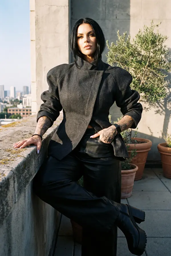 Woman in a charcoal funnel-neck jacket, black leather wide-leg trousers and lug-sole boots sitting on a rooftop ledge
