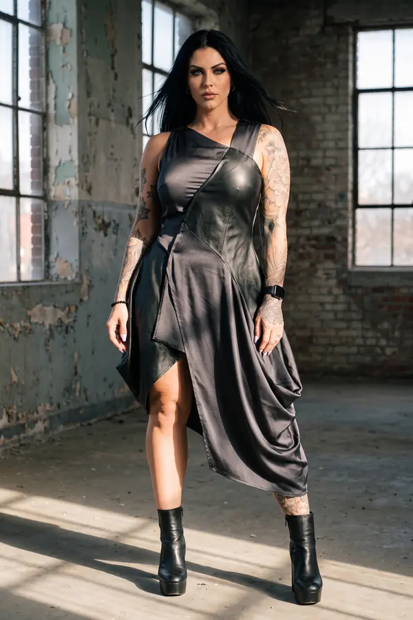 Woman in a charcoal satin and black leather asymmetric midi dress and platform boots in a derelict loft
