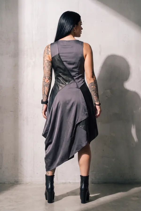 back & profile: Charcoal satin and leather asymmetric midi dress