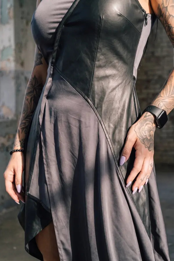 detail: Charcoal satin and leather asymmetric midi dress