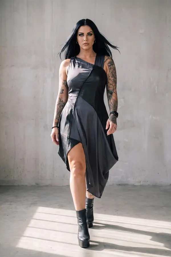 in motion: Charcoal satin and leather asymmetric midi dress