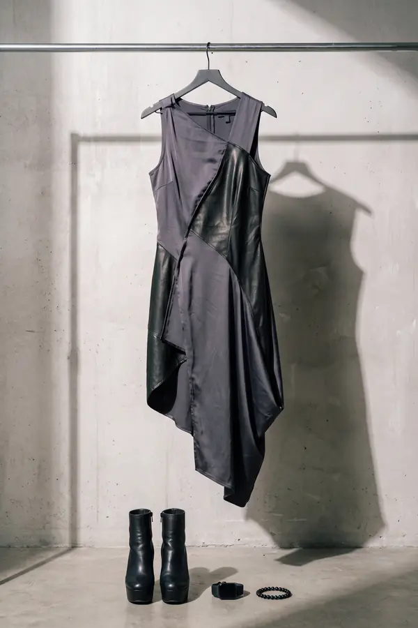 still life: Charcoal satin and leather asymmetric midi dress