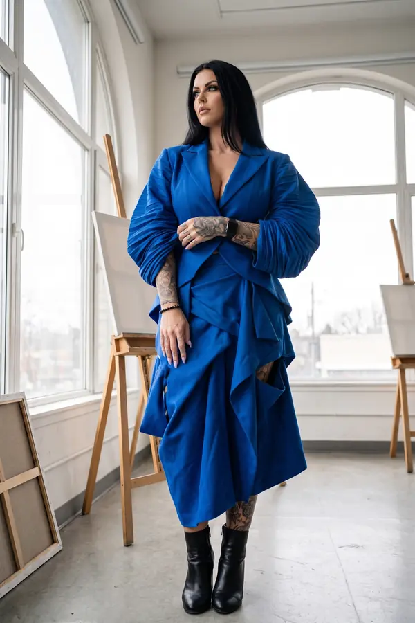 Woman in a cobalt balloon-sleeve blazer and draped cobalt midi skirt with black ankle boots standing in an art studio