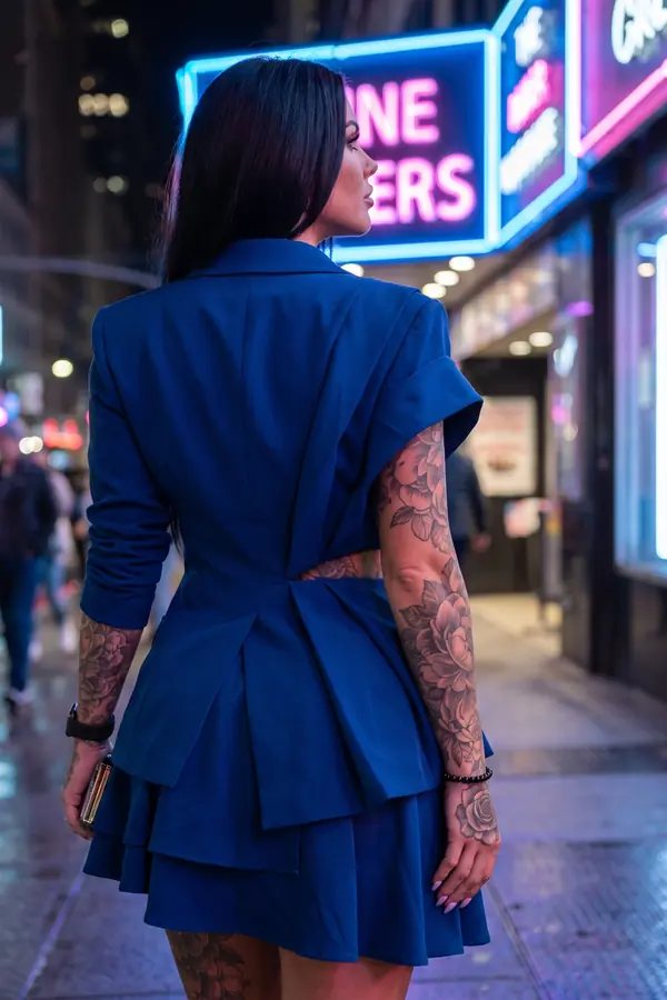 Woman seen from behind in a cobalt blazer dress with a pleated peplum and tiered mini skirt on a neon-lit street at night