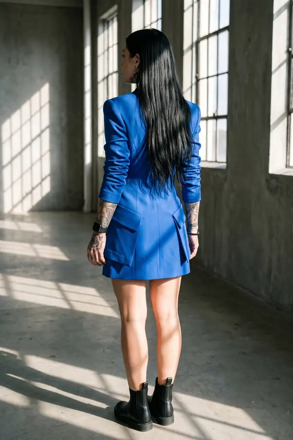 back & profile: Cobalt blazer dress with folded origami panels