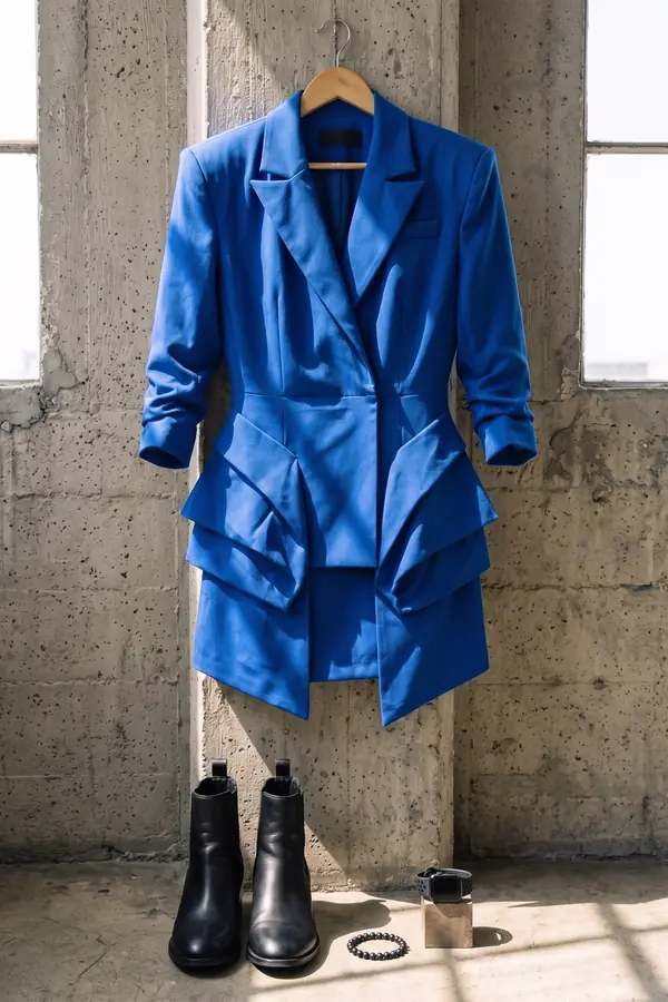 still life: Cobalt blazer dress with folded origami panels