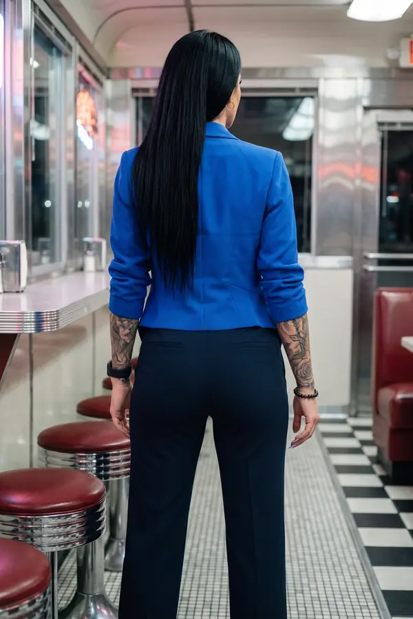 back & profile: Cobalt crepe blazer with a pointed hem and navy trousers