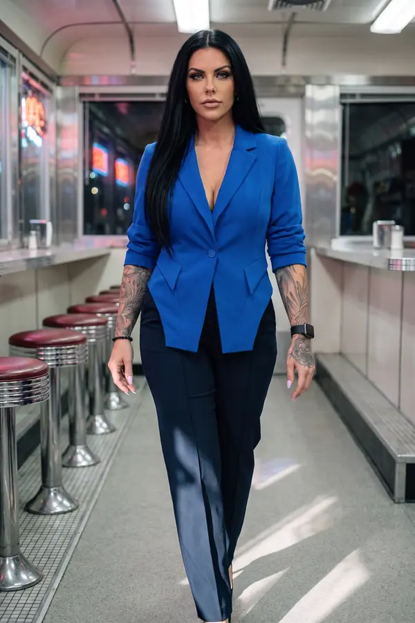 in motion: Cobalt crepe blazer with a pointed hem and navy trousers