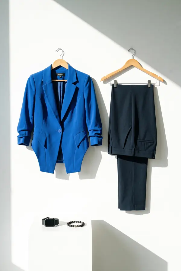 still life: Cobalt crepe blazer with a pointed hem and navy trousers