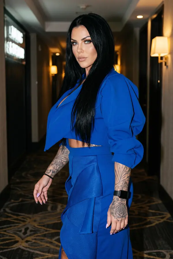 Woman in a cobalt cropped wrap jacket and textured cobalt midi skirt with a draped panel in a hotel corridor