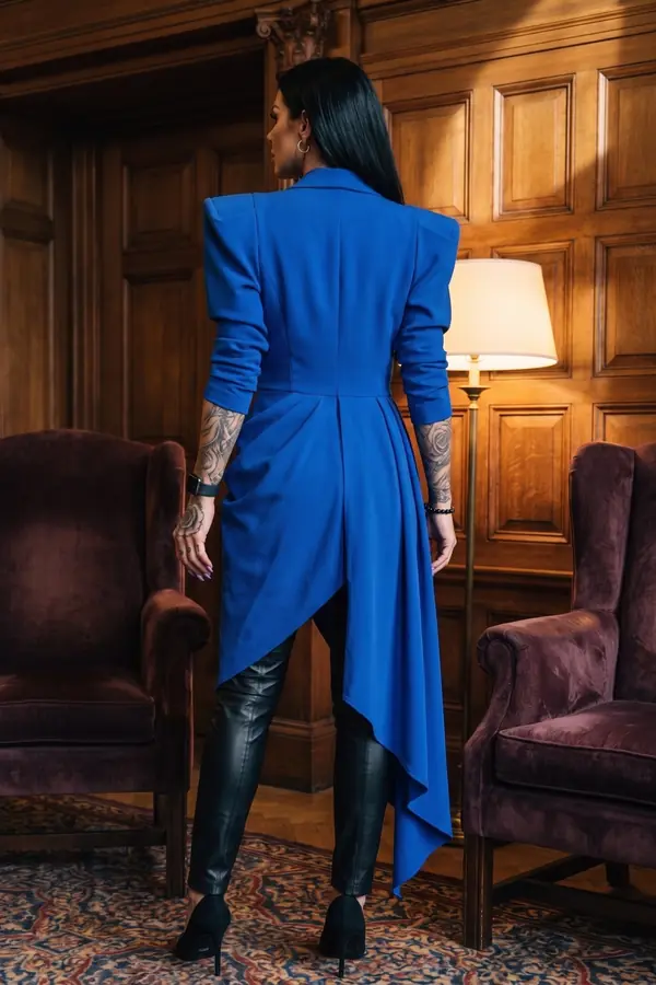 back & profile: Cobalt draped blazer dress over black leather trousers