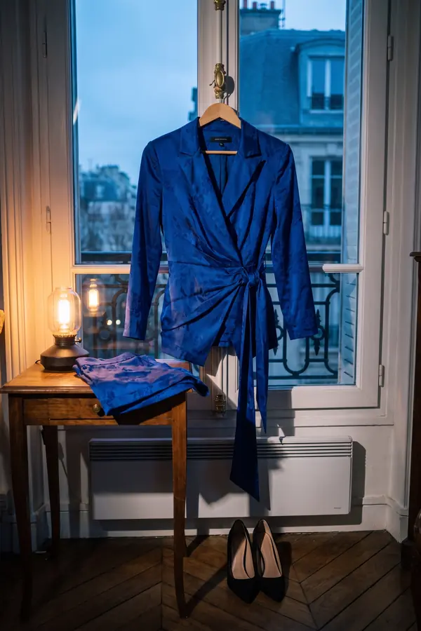 still life: Cobalt floral jacquard wrap blazer with matching shorts