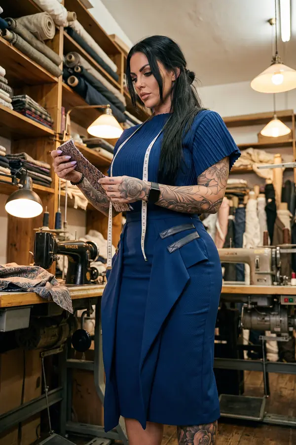 Woman in a cobalt ribbed knit top with pleated cap sleeves and a textured cobalt pencil skirt, standing by wooden shelves