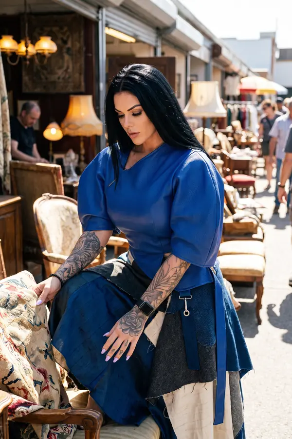 Woman in a cobalt pebbled leather top with balloon sleeves and a patchwork skirt seated at an outdoor antiques market