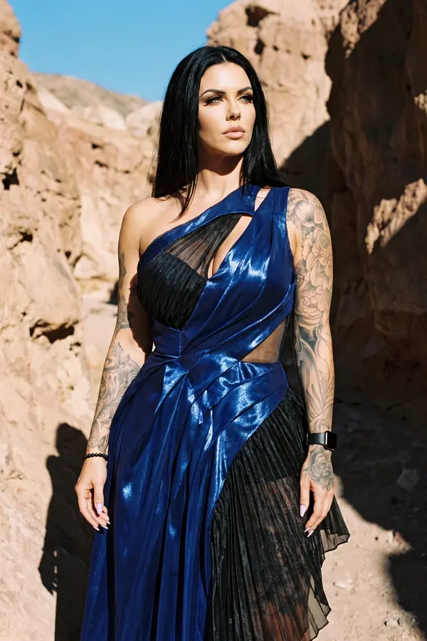 Woman in a cobalt one-shoulder liquid-satin gown with black pleated chiffon panels standing in a desert canyon