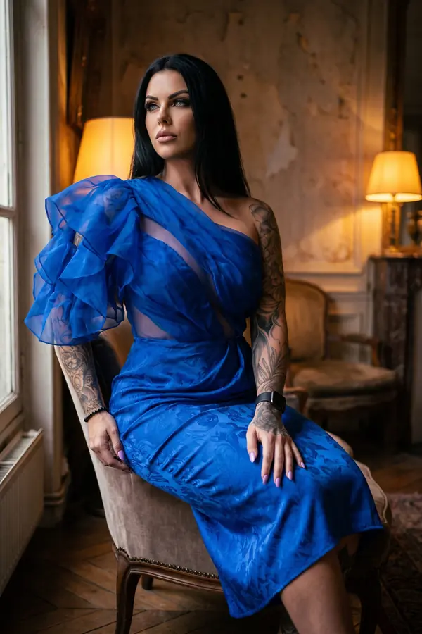 Woman in a cobalt one-shoulder dress with organza ruffles and a jacquard skirt seated on a velvet chair