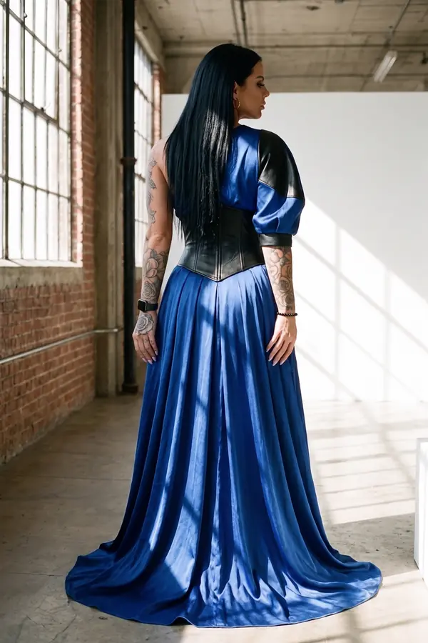 back & profile: Cobalt one-shoulder satin gown with leather panels