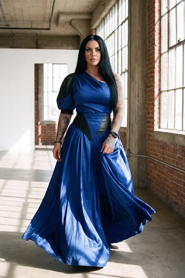 in motion: Cobalt one-shoulder satin gown with leather panels