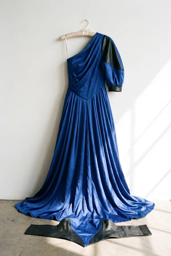 Woman with long black hair in a cobalt one-shoulder satin gown with black leather panels leaning towards a steel sculpture