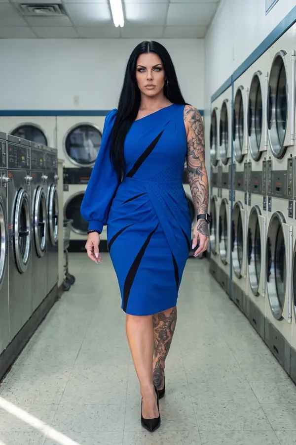 in motion: Cobalt one-sleeve midi dress with black slash panels