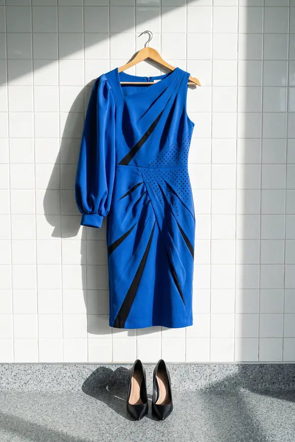 still life: Cobalt one-sleeve midi dress with black slash panels