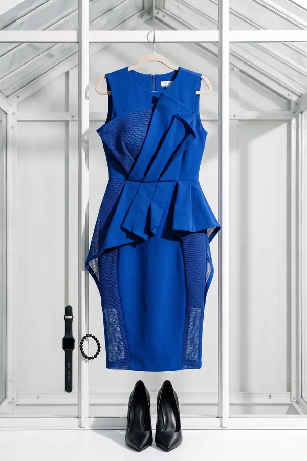 still life: Cobalt peplum midi dress with folded panels and mesh insets
