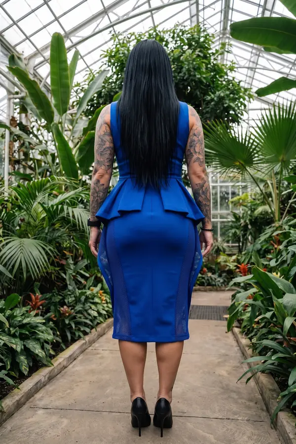 back & profile: Cobalt peplum midi dress with folded panels and mesh insets