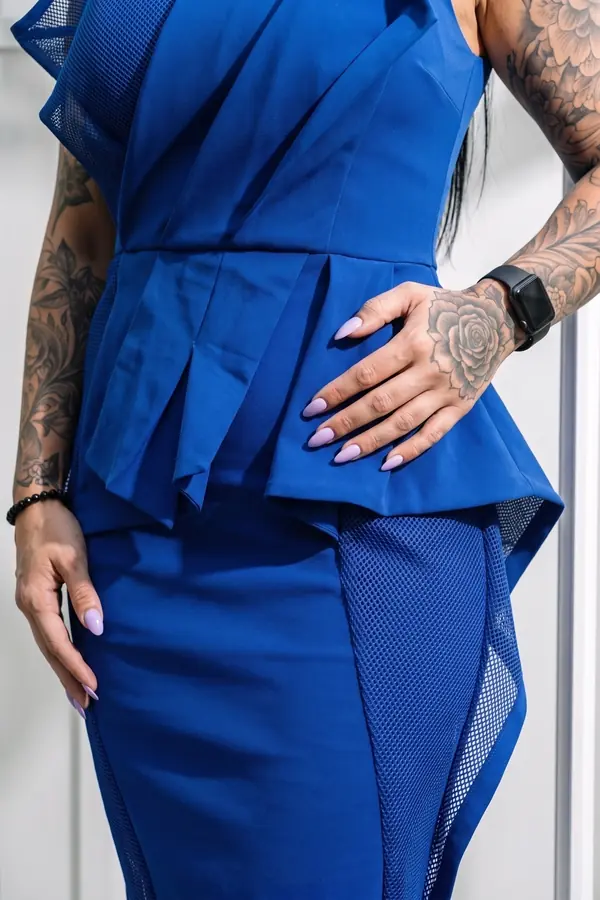 detail: Cobalt peplum midi dress with folded panels and mesh insets