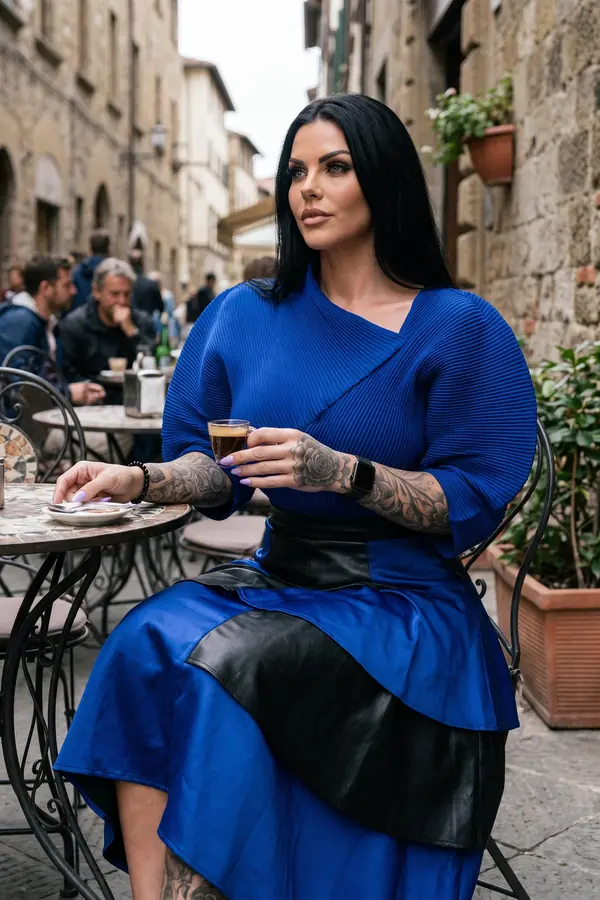 Woman in a cobalt micro-pleated balloon-sleeve top and a tiered satin skirt with black leather panels at a cafe table