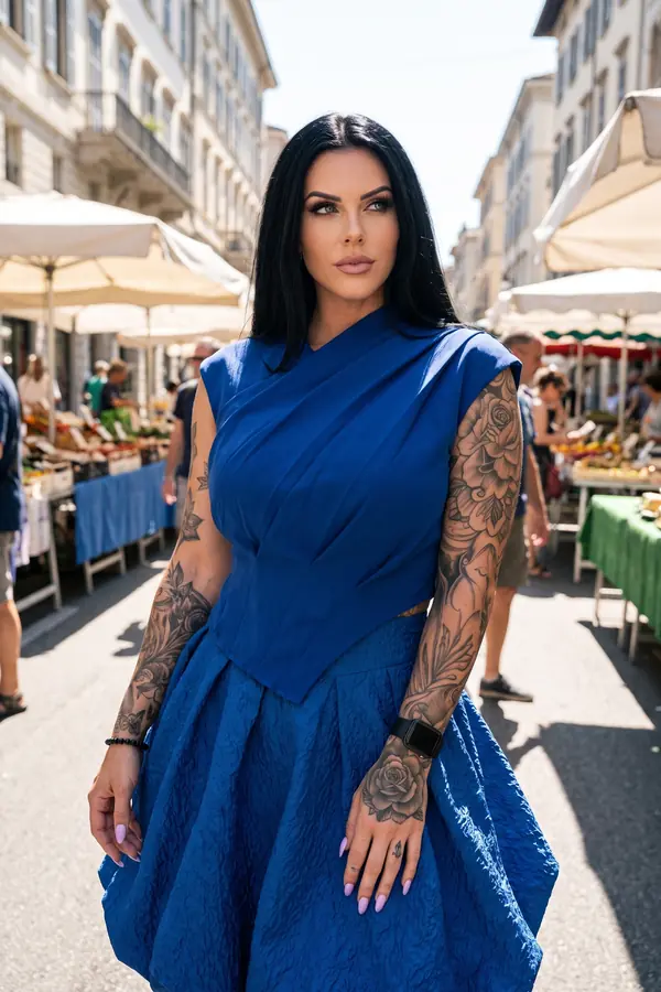 Woman in a cobalt pleated sleeveless top and textured cobalt bubble skirt standing in a sunny street market