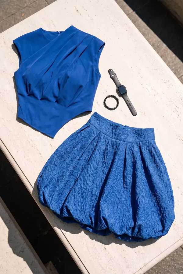 still life: Cobalt pleated sleeveless top with a cloqué bubble skirt