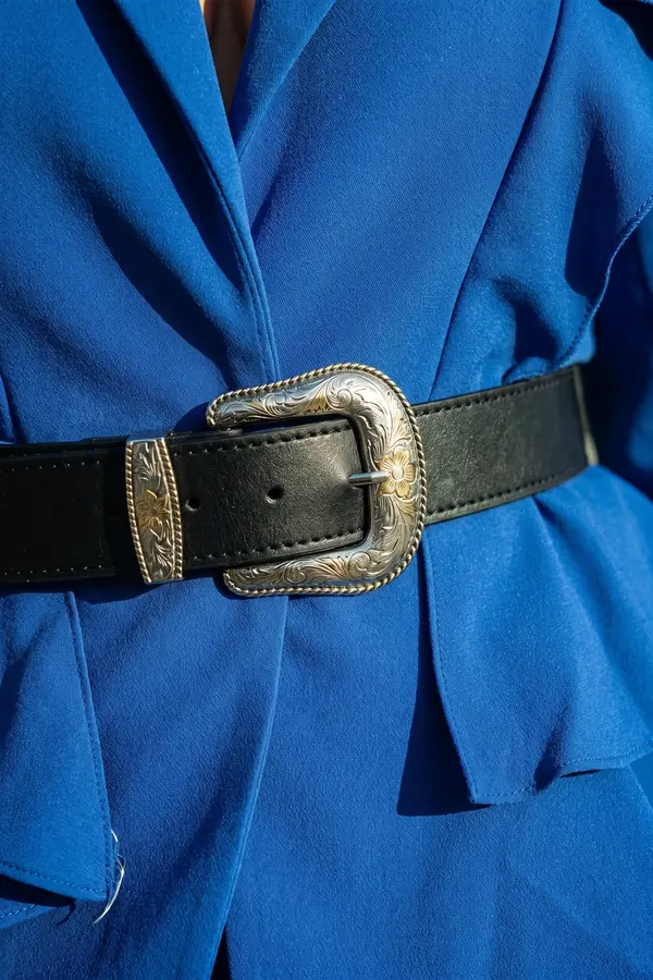 detail: Cobalt ruffle blazer dress with western belt