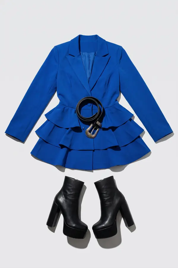 still life: Cobalt ruffle blazer dress with western belt