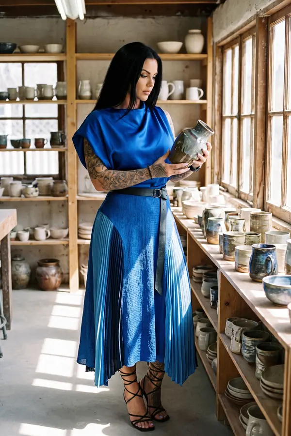 Woman in a cobalt satin cowl top and pleated blue midi skirt with a black belt, holding a vase in a pottery studio
