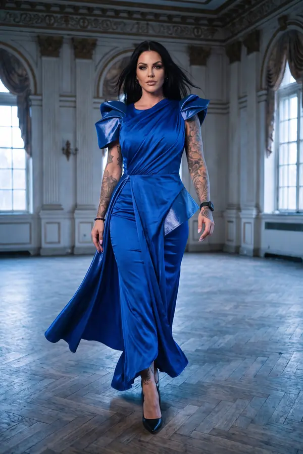 in motion: Cobalt satin draped gown with structured bow shoulders