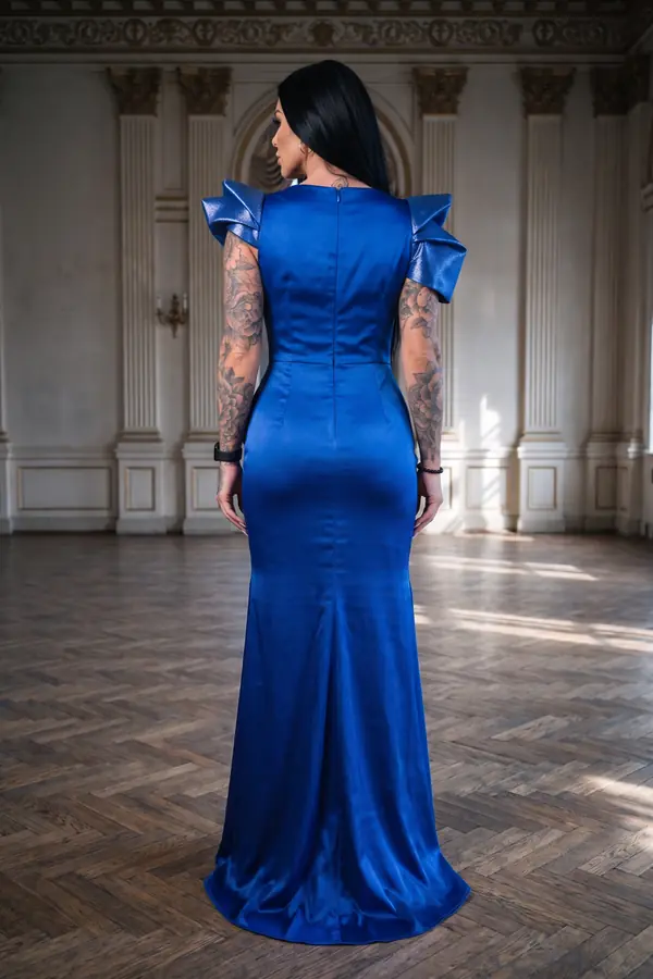 back & profile: Cobalt satin draped gown with structured bow shoulders